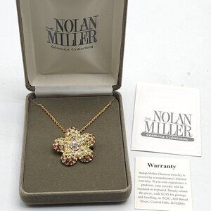 Nolan Miller Yellow Brown Rhinestone Pave Flower Brooch Necklace in Box Glamour